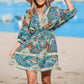 Printed Lace Up V-neck Short Dress Women