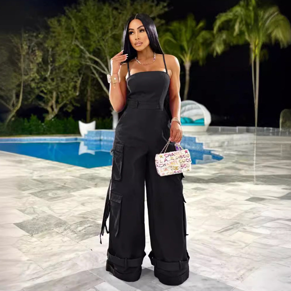 Women's Tube Top Multi-pocket Workwear Wide Leg Jumpsuit