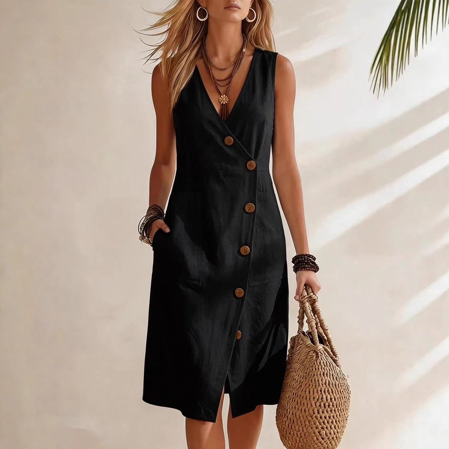 Resort-style V-neck Sleeveless Asymmetrical-button Midi Dress