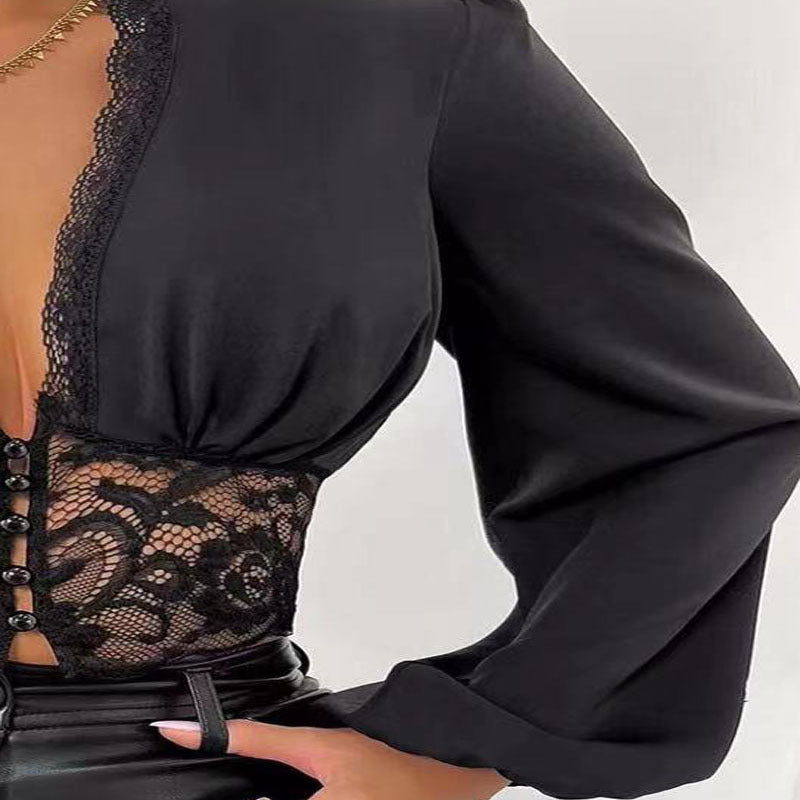 Long Sleeve Deep V-neck Lace Patchwork Top