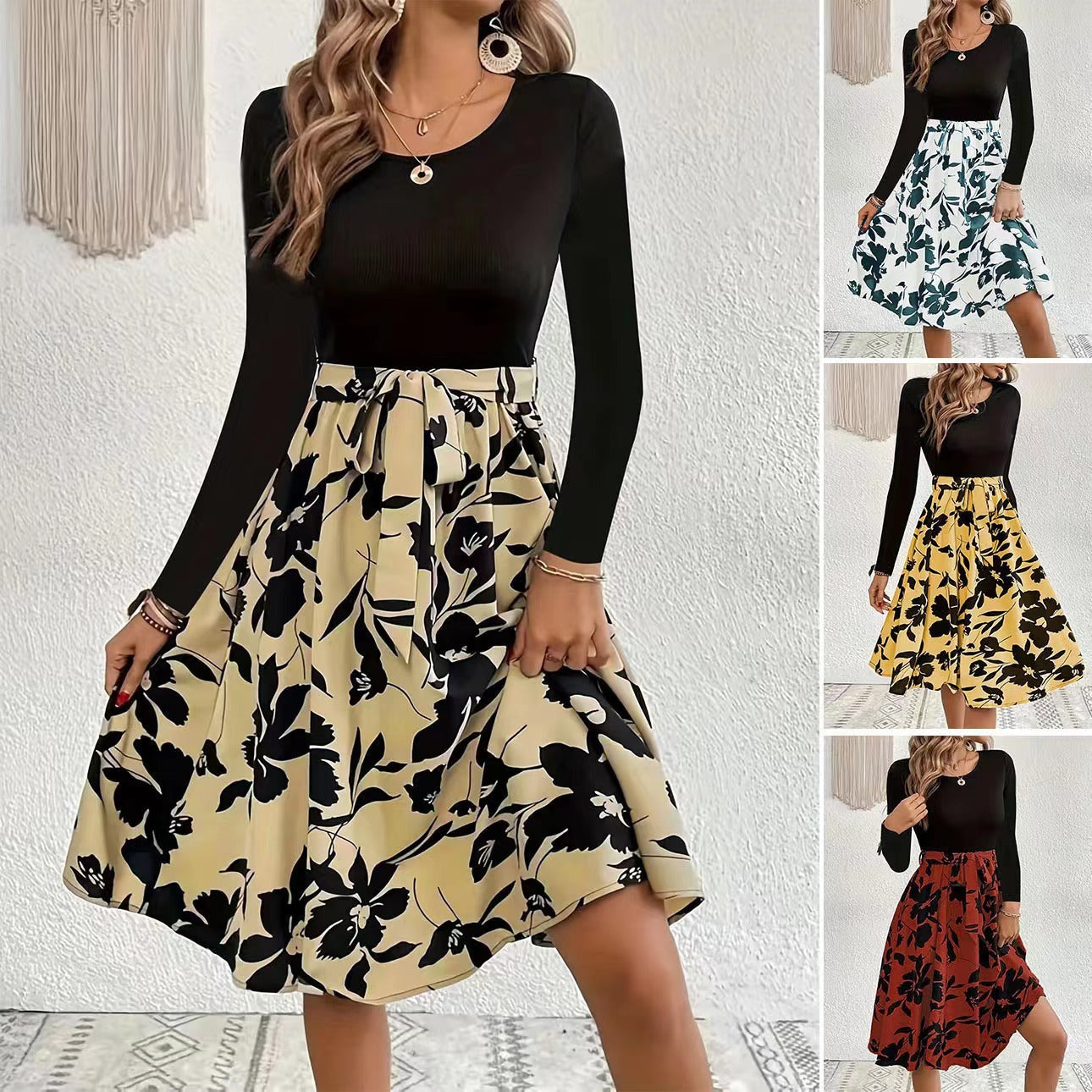 Robe à manches longues et col rond à imprimé floral, coupe ajustée, vêtements pour femmes