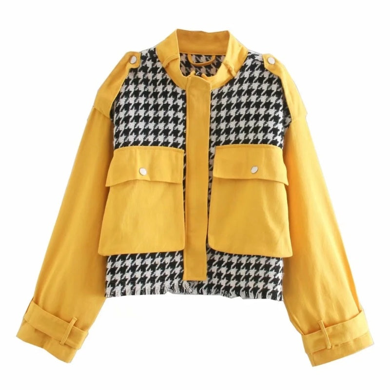 Short Houndstooth Woolen Texture Small Lapel Single Pocket