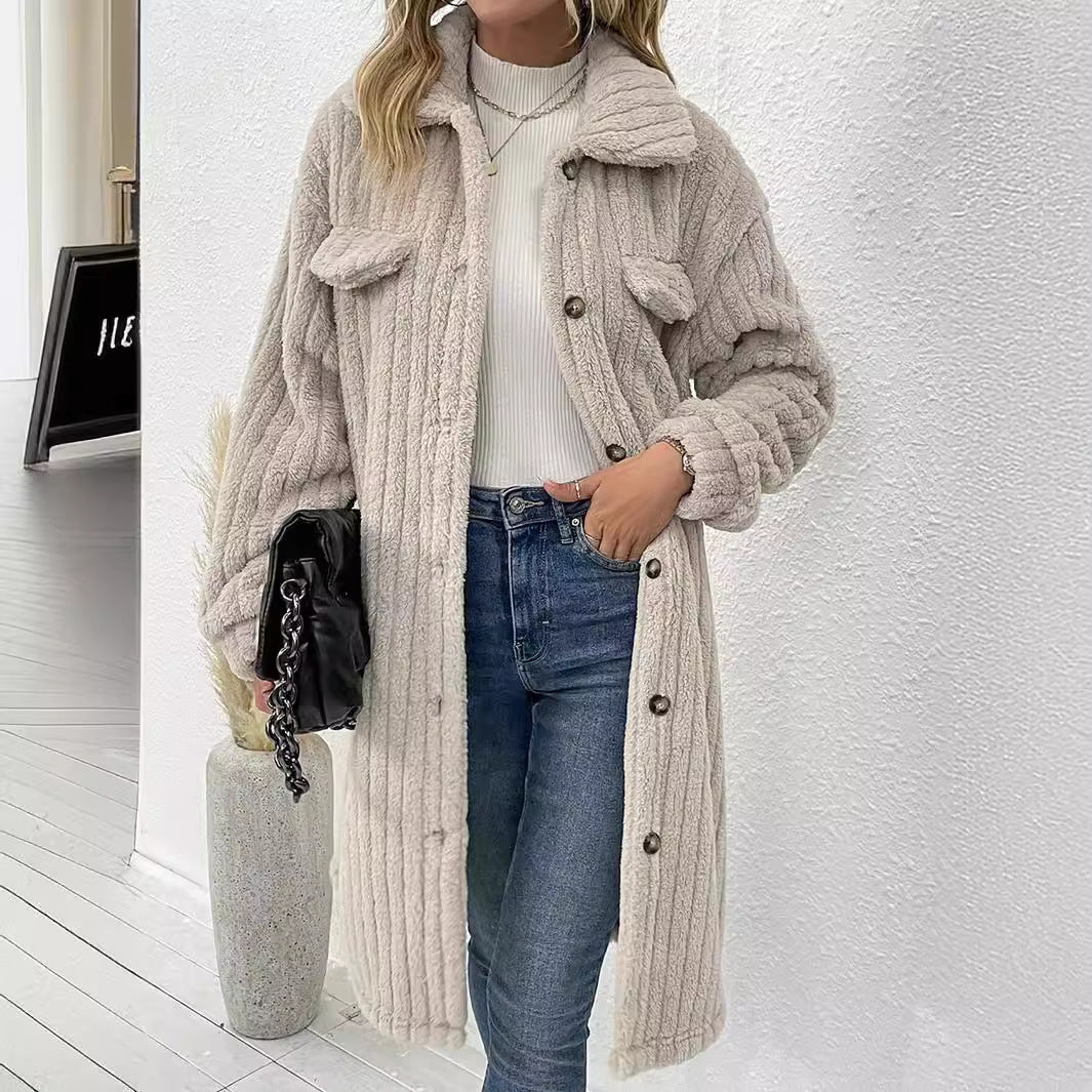 Manteau en laine à manches longues et revers en peluche pour femme