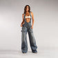 Y2K Zipper Denim Overalls With Pockets Fashion Loose Suspender Jumpsuit Streetwear Jeans Pants Womens Clothing