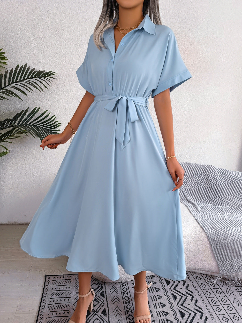 Robe chemise ample nouée de couleur pure, style européen et américain