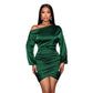 Womens Solid-Color One-Shoulder Long-Sleeve Satin Dress