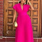 V-neck Bat Sleeve Slim-fit Pleated A- Line Dress