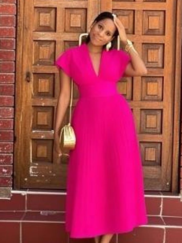 V-neck Bat Sleeve Slim-fit Pleated A- Line Dress