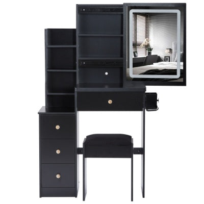 29.2 Small Size Left Bedside Cabinet Vanity Table   Cushioned Stool, 2 AC  2 USB Power Station, Hair Dryer Bracket  Extra Large Touch Control Sliding LED Mirror, Tri Color Switching, Brightness Adjust