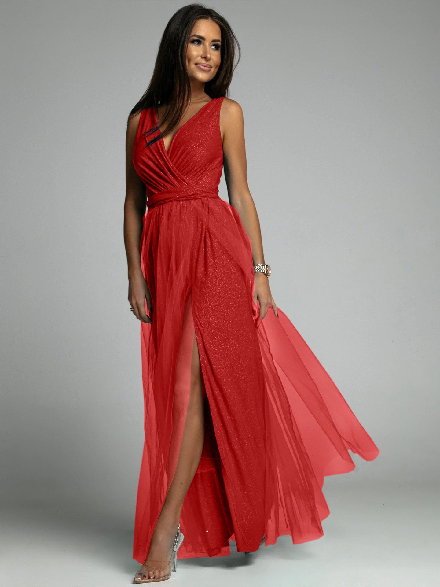 Robe de soirée sexy sans manches à col en V pour femme