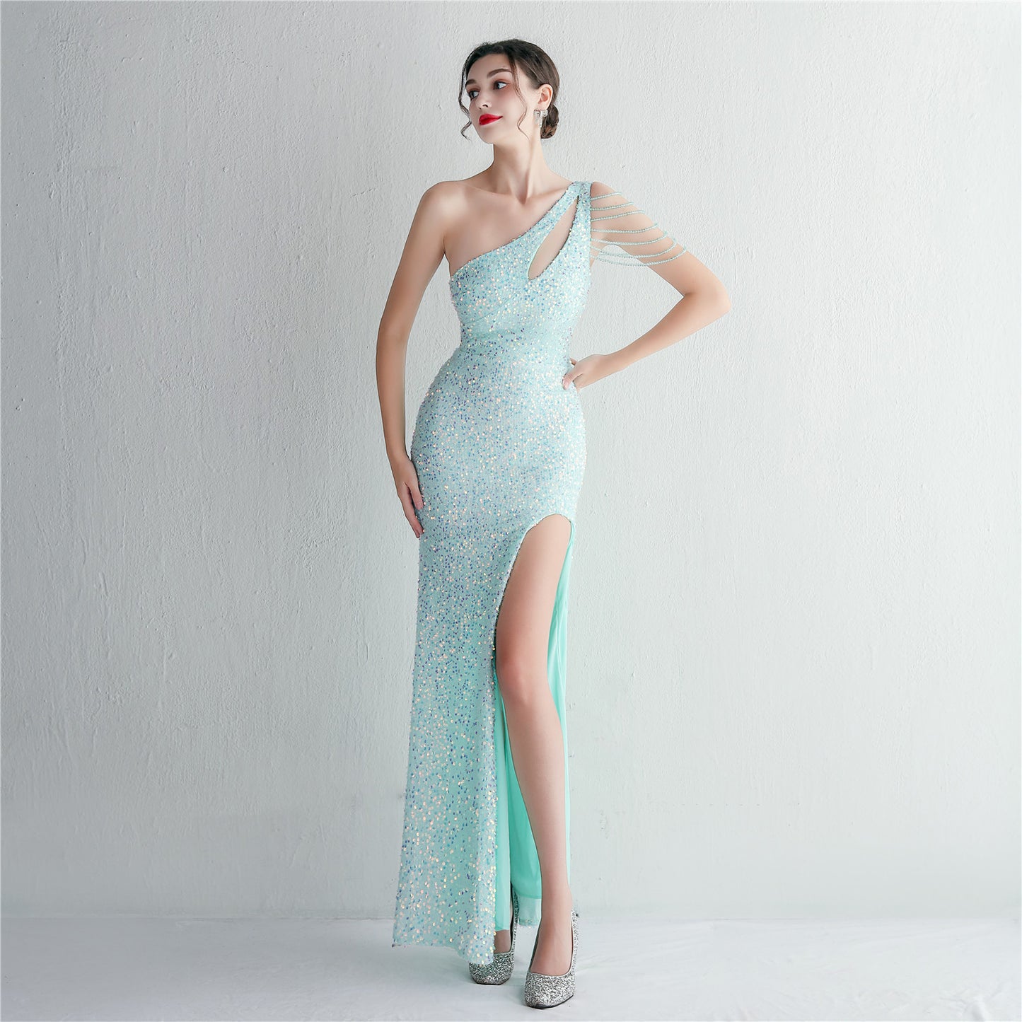 19533  Handmade Sequin Craft Beaded One-shoulder Fishtail Skirt