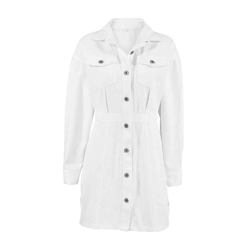Robe blanche d'uniforme français pour femmes, automne et hiver, imitation denim, coton, taille professionnelle, jupe trapèze, vêtements pour femmes