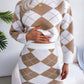 Hit Color Diamond Lattice Midriff-baring Sweater Hip Skirt Casual Suit