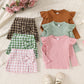 Girl's Long-sleeved Top With Plaid Bow Short Skirt Set