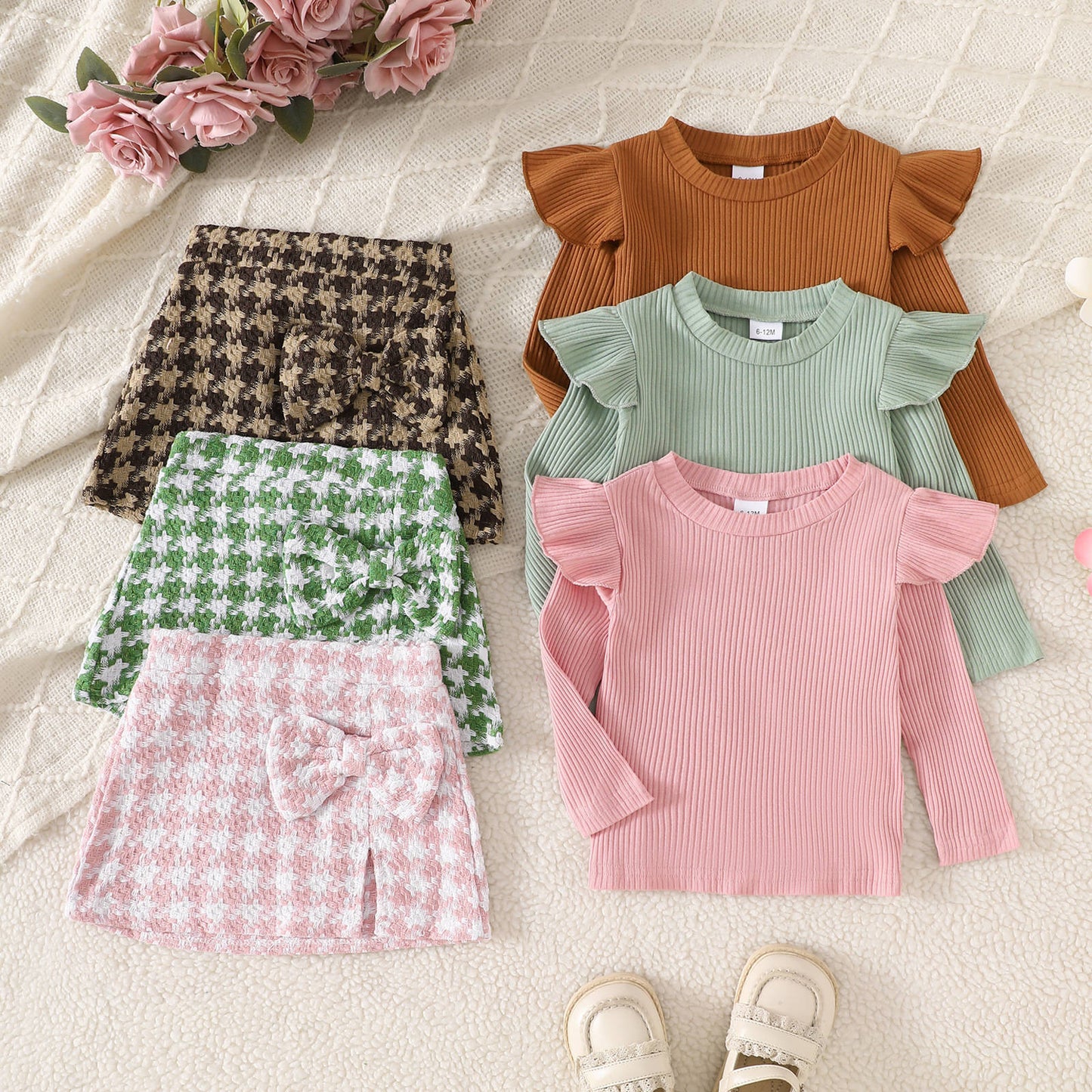 Girl's Long-sleeved Top With Plaid Bow Short Skirt Set