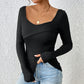 Knitted Slim-fit Design Square Neck Backless Long-sleeved Top