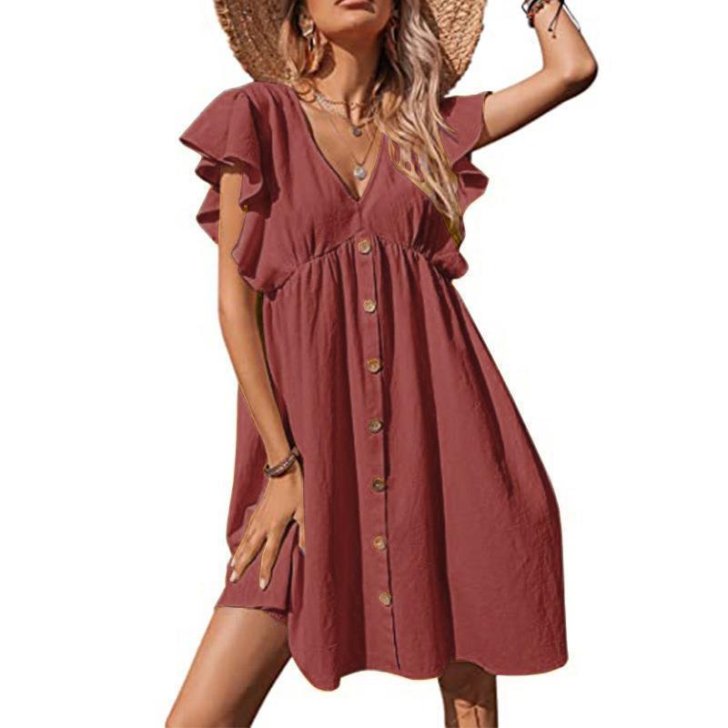 Women's Midi Casual Pleated V-neck Button Plus Size Dress