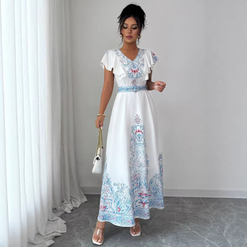 Stand-up Collar Double-breasted Front Lantern Sleeves Printed Long Dress With Lace Trim