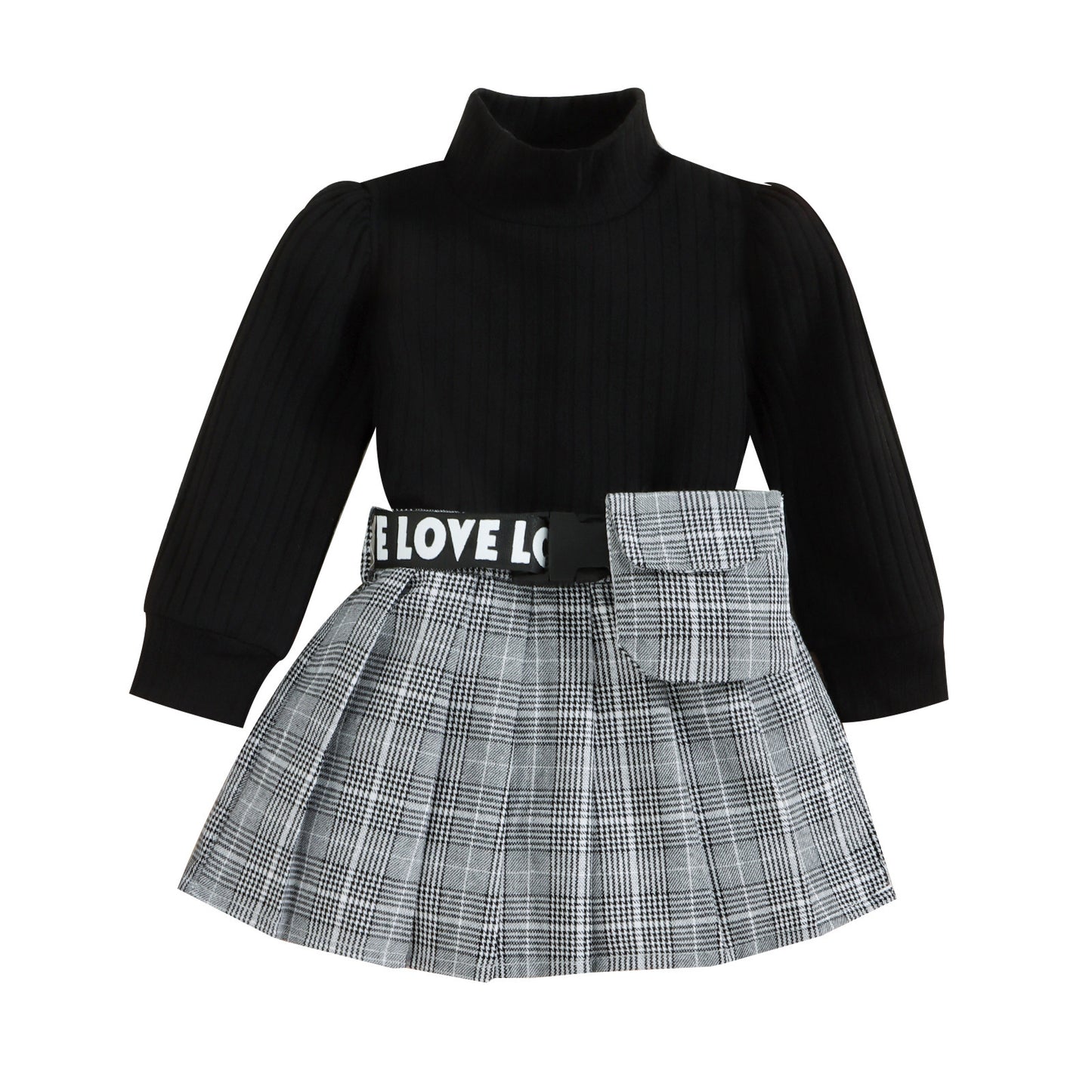 Costume à carreaux style coréen pour enfants, automne-hiver, haut à col roulé et rayures en coton