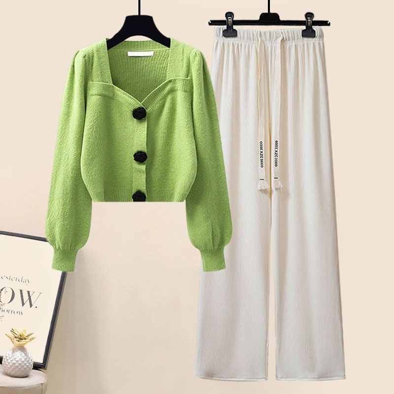 Gentle Puff Sleeve Knit Sweater High Waist Wide Leg Casual Pants Set