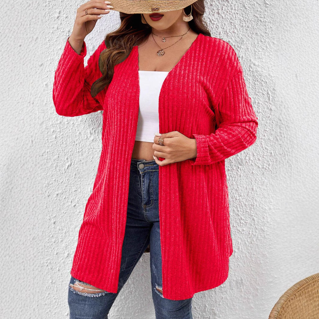 Cardigan mi-long à rayures profondes et manches longues pour femme, couleur unie, col en V, grande taille