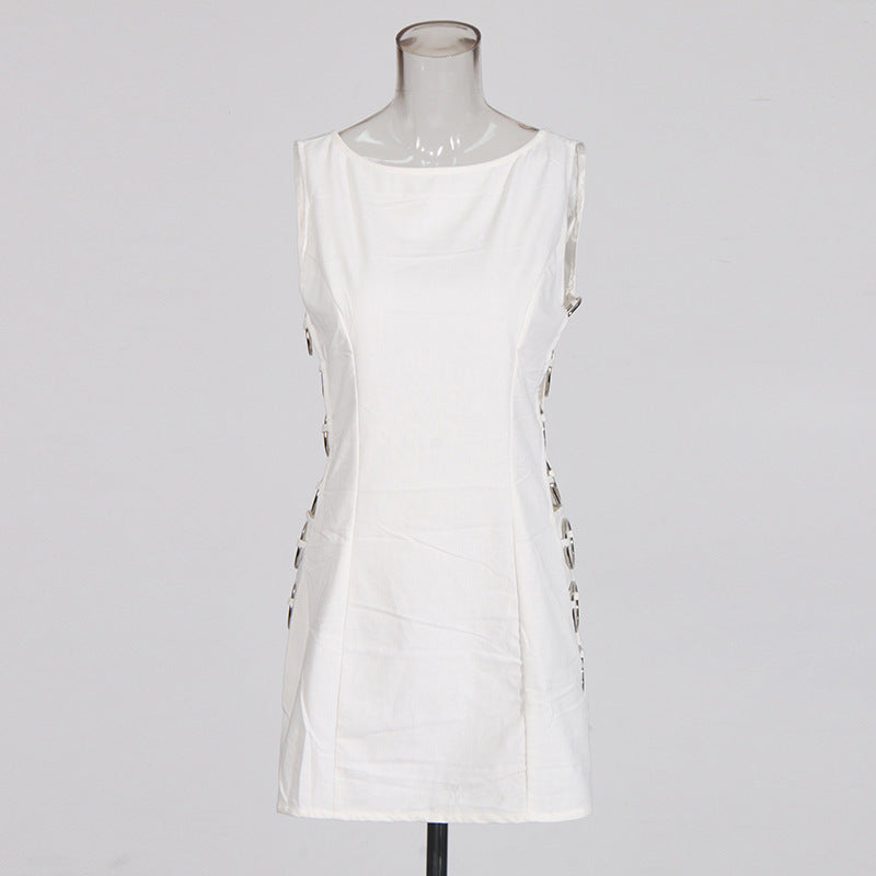 New Metal Decoration Seaside Vacation Style White Dress Female