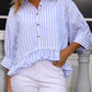 Women's Casual Loose Striped Shirt With Ruffled Hem And Short Sleeves