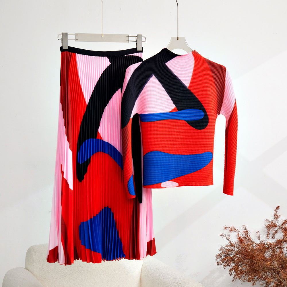 Geometric Pattern Fashion Pleated Women's Two-piece Set