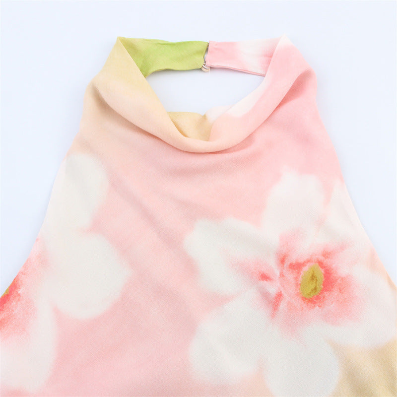 Fashion Flower Print Hanging Collar Dress