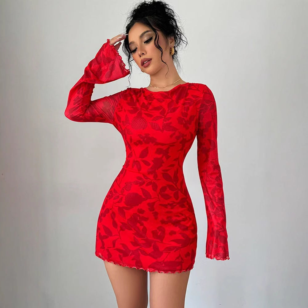 Casual, Versatile Waist-cinching Dress With A Red Floral Print