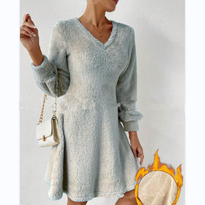 Women's Autumn And Winter Thickened Double-sided Plush V-neck Slimming Dress Pajamas