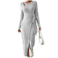 Robe rayée à col rond et manches longues pour femme avec nœud étroit