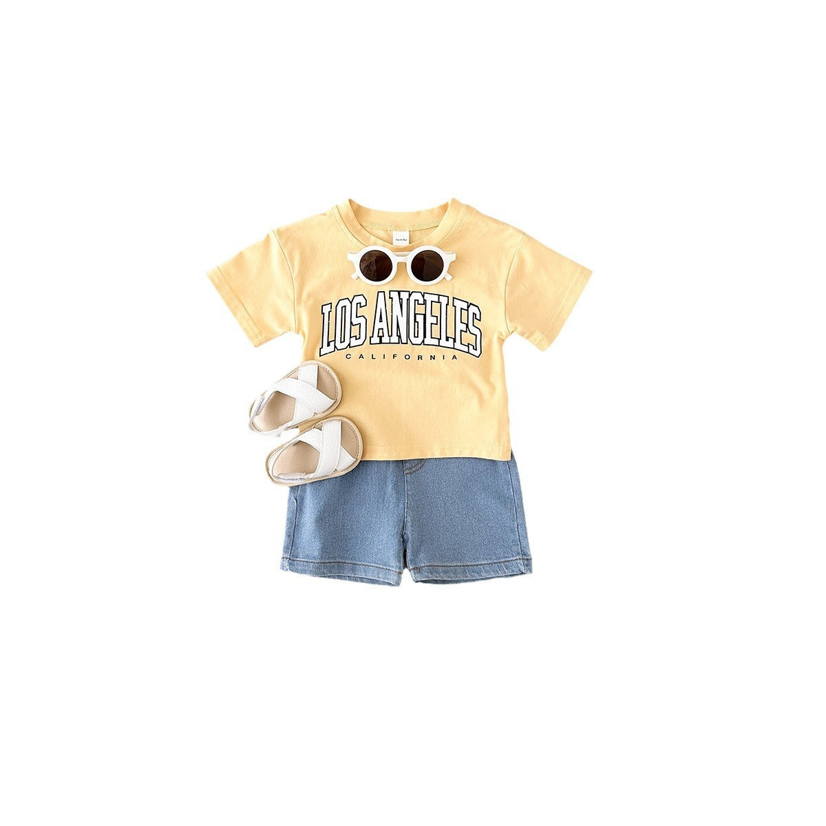 Summer Baby Letter Print Short-sleeve Top Denim Shorts Suit