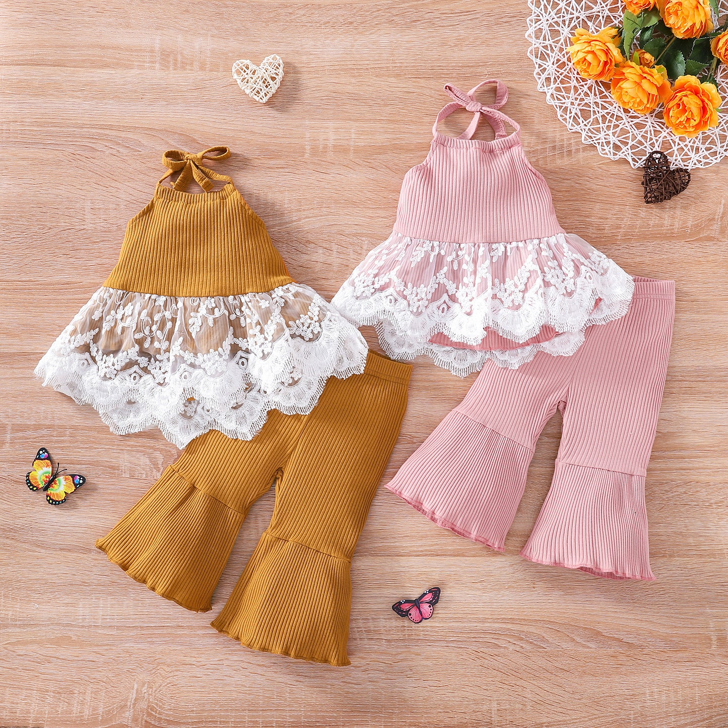 Lace Halterneck Top Solid Color Flared Pants Two-piece Set