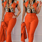 Ensemble haut et pantalon imprimé à manches volantées et ceinture, couleur unie