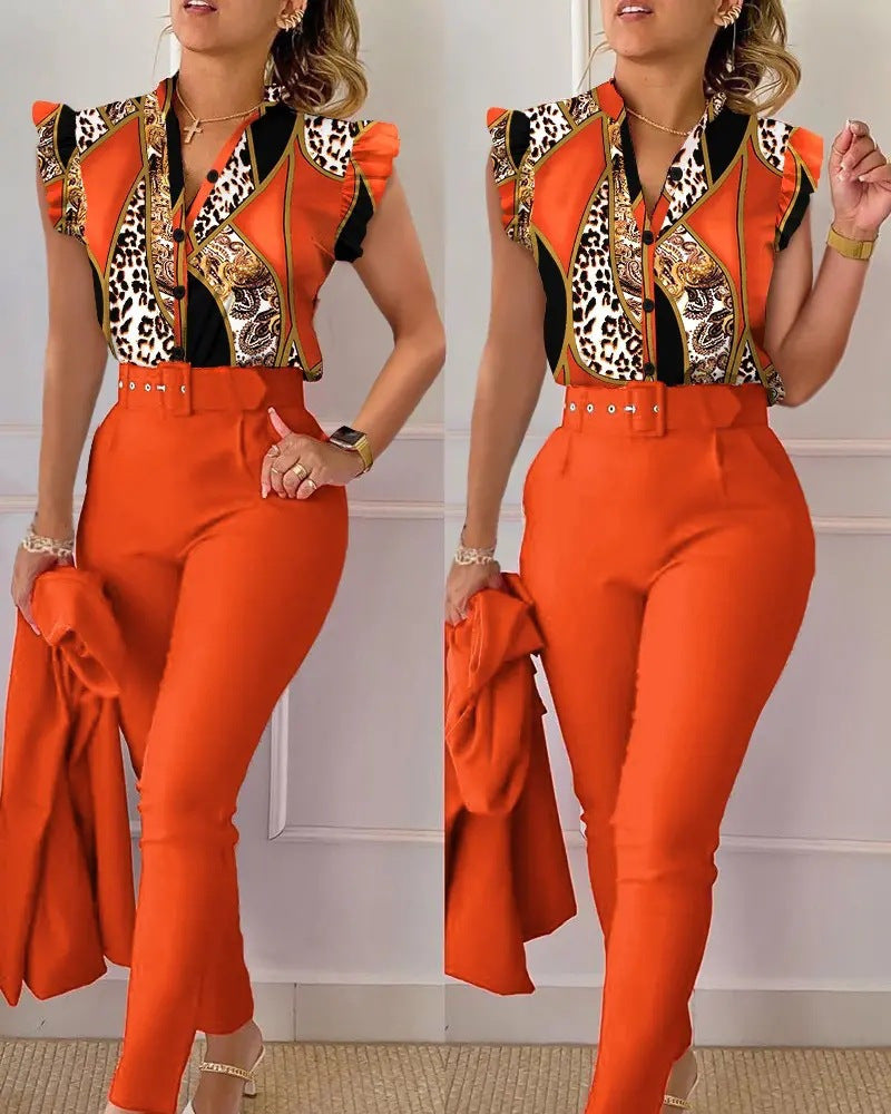 Ensemble haut et pantalon imprimé à manches volantées et ceinture, couleur unie