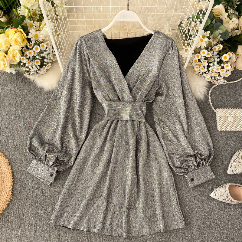 New Spring Summer V-neck Lantern-Sleeve Gold Metallic Sheer Waist-Cinched Dress