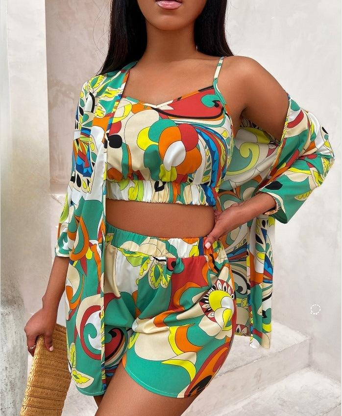 Ensemble trois pièces imprimé à la mode estivale, taille ajustée, assorti