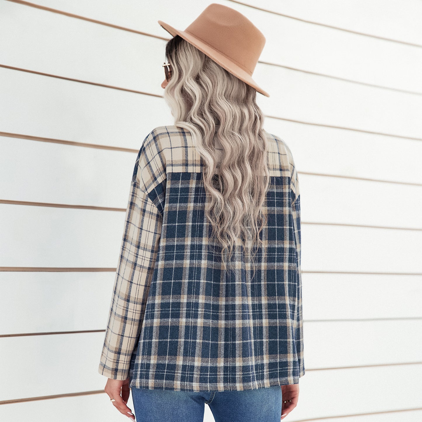 Women's Lapel Plaid Long Sleeve Cardigan Loose Shirt