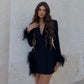 Robe une pièce bandage à manches longues en plumes d'autruche