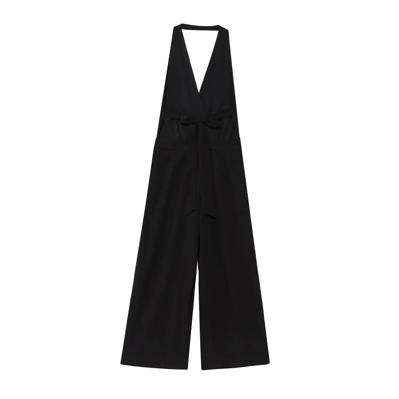 Crepe Hanging Collar Backless Slim Fit Backless Jumpsuit