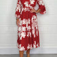Elegant Printed Stand-up Collar Cinched Long Sleeve Dress