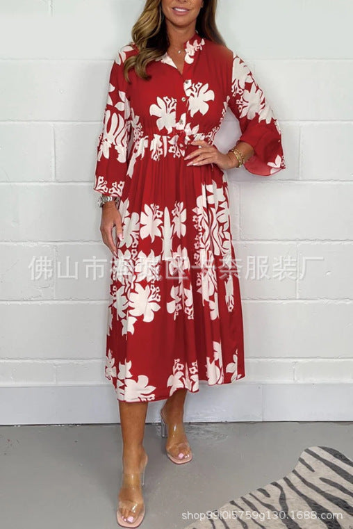 Elegant Printed Stand-up Collar Cinched Long Sleeve Dress