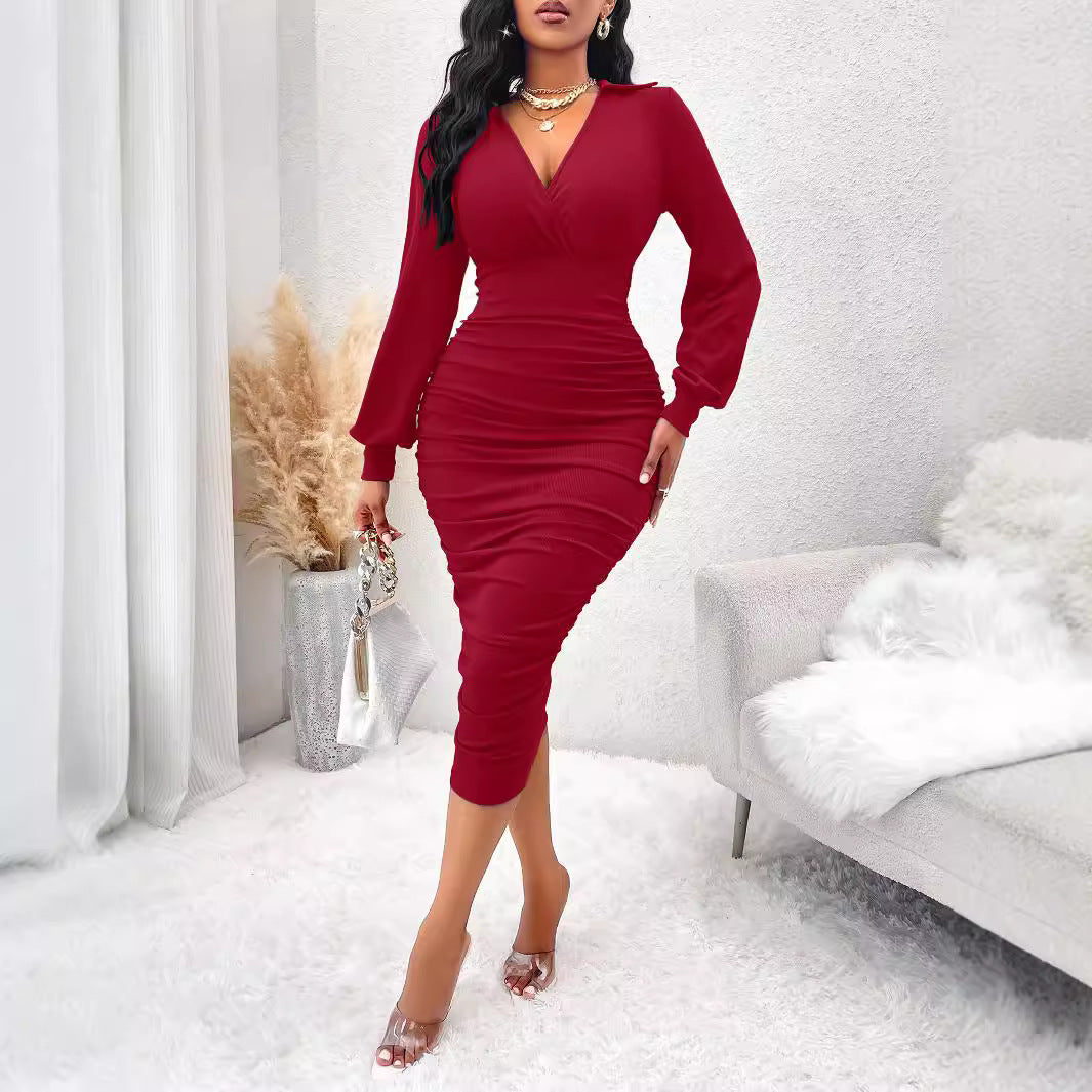 Sleek Stylish V Neck Lantern Sleeve Sheath Dress