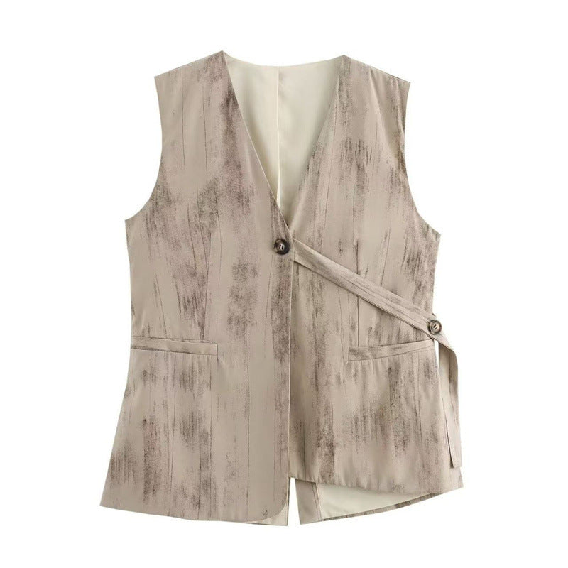 European And American V-neck Buttons Decorative Lace-up Sleeveless Waistcoat Vest Wide-leg Casual Pants Suit