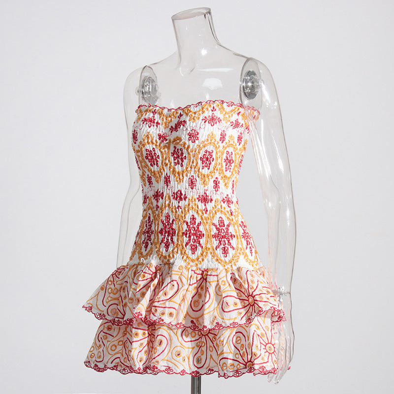 Tube Top Embroidered Cut-out Ruffled Dress Waist Slimming