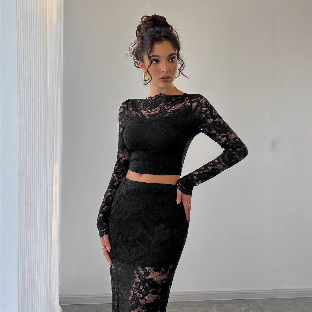 Women's Lace Jacquard Semi-transparent Skirt Suit