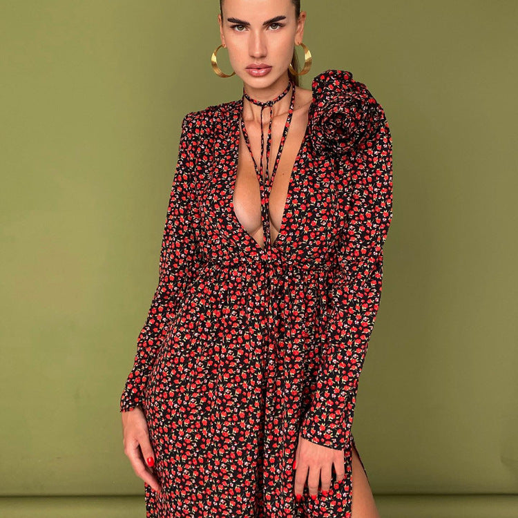 Deep V-neck Lace-up Waist Side Slit Floral Dress