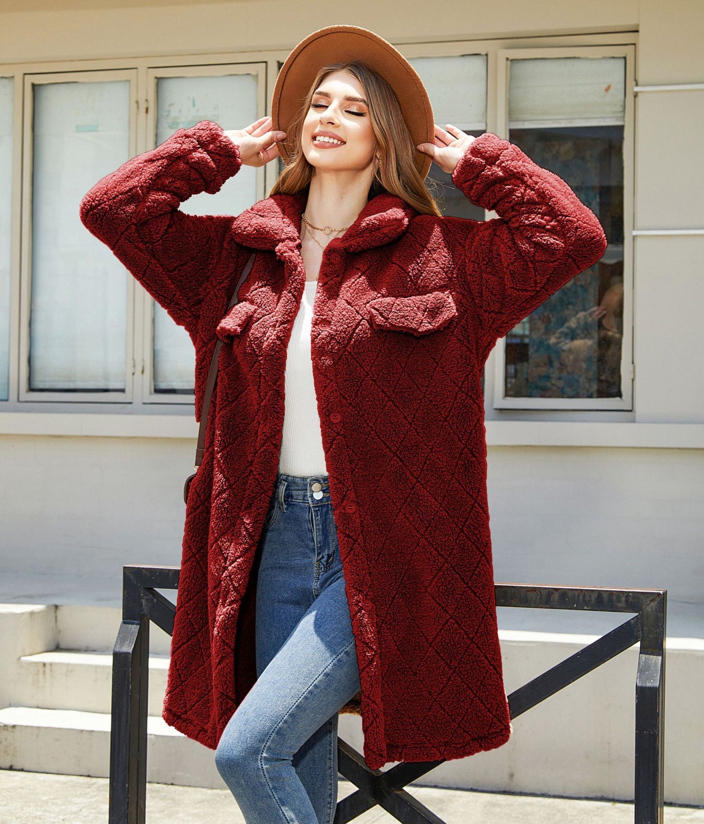 Women's Plush Loose Single-breasted Diamond Coat Overcoat