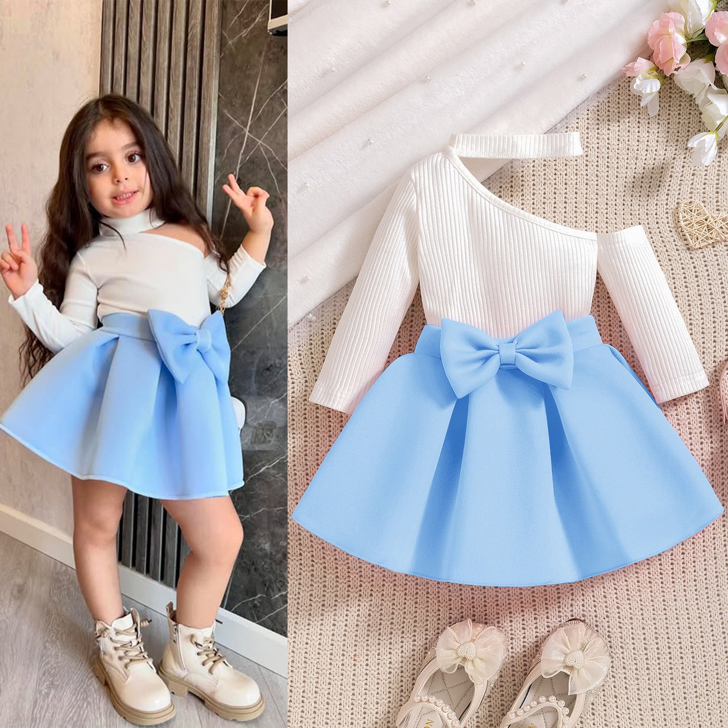 Bow Ruffled Dress Two-piece Set